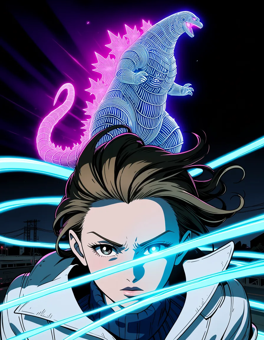 Anime illustration of a magical girl mid-transformation with a kaiju made of glowing neon tubing rearing behind her.