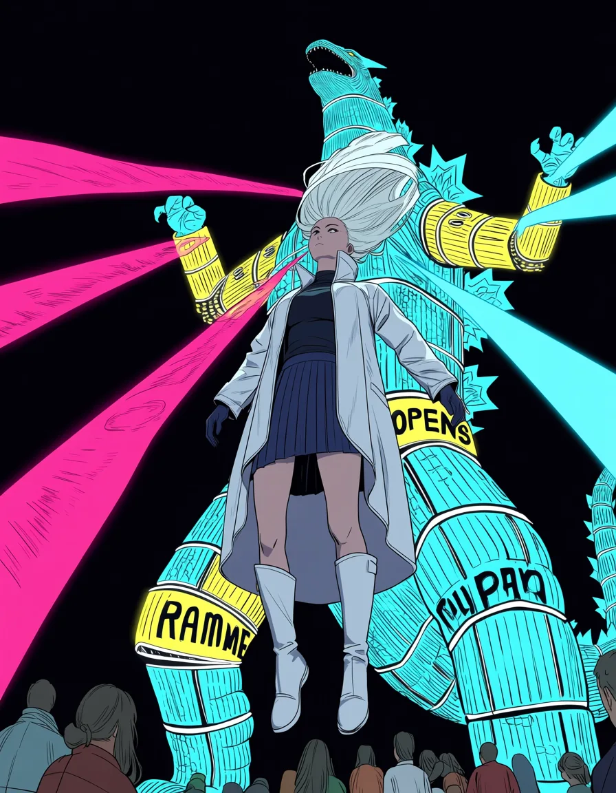 Anime illustration of a magical girl hanging above a night crossing while a kaiju built from neon signage rears behind her, its limbs spelling RAMEN and OPEN.